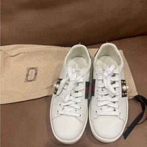 Gucci White Sneakers with Pearl Detail